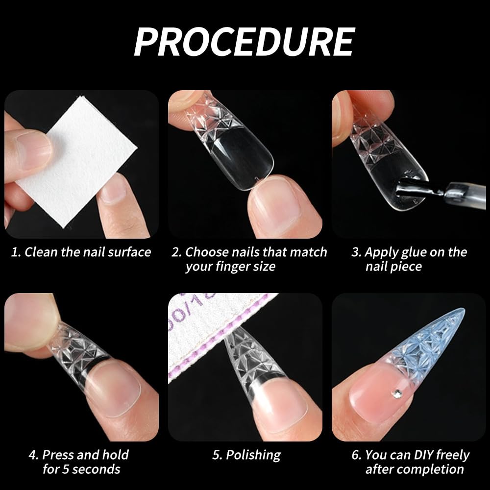 Chunmeng 120 Pcs Glitter Coffin Press On Nails, Clear Lace Mesh Design Long Acrylic Fake Nails, Gradient French False Nail Tips, Reusable Gel Stick On Nails For Women DIY Manicure Salon Nail Art