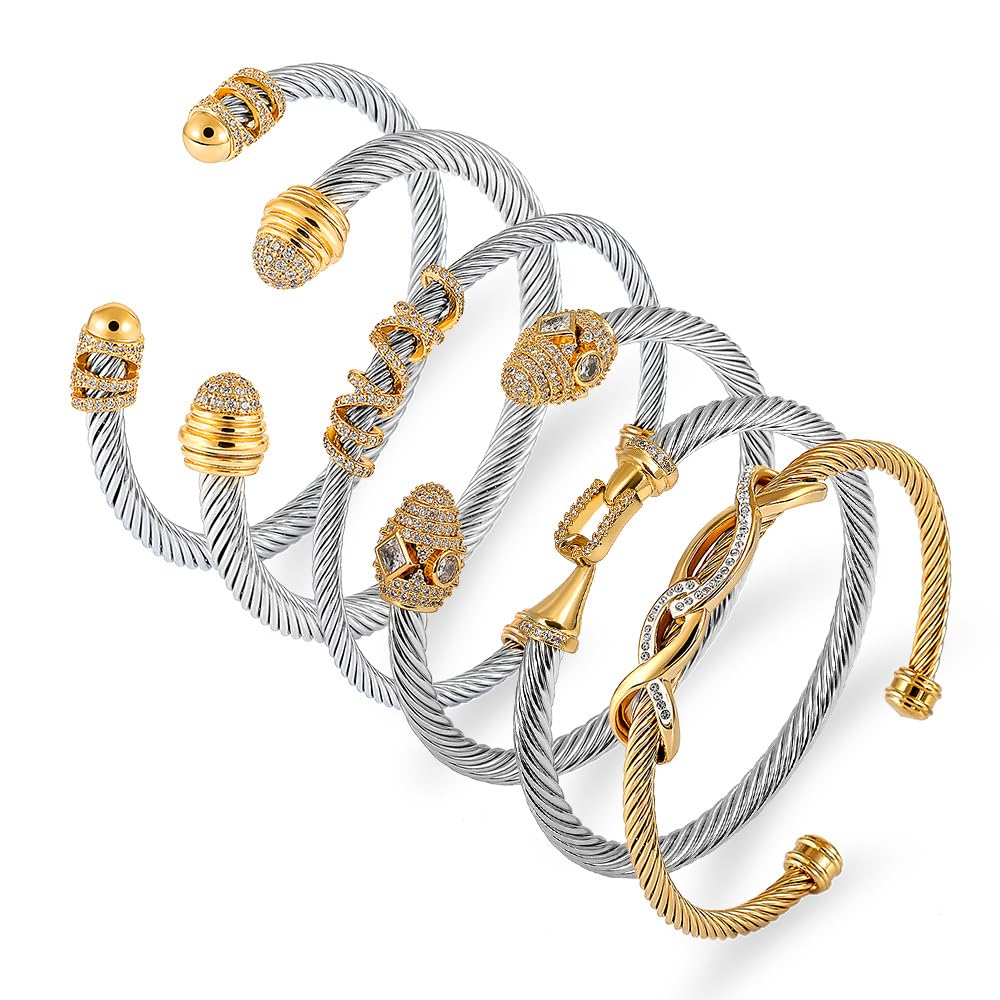 WCB1FPu Stainless Steel Cable Wire Open Cuff Adjustable Size Bangle Zircon inlaid Bracelet (6)