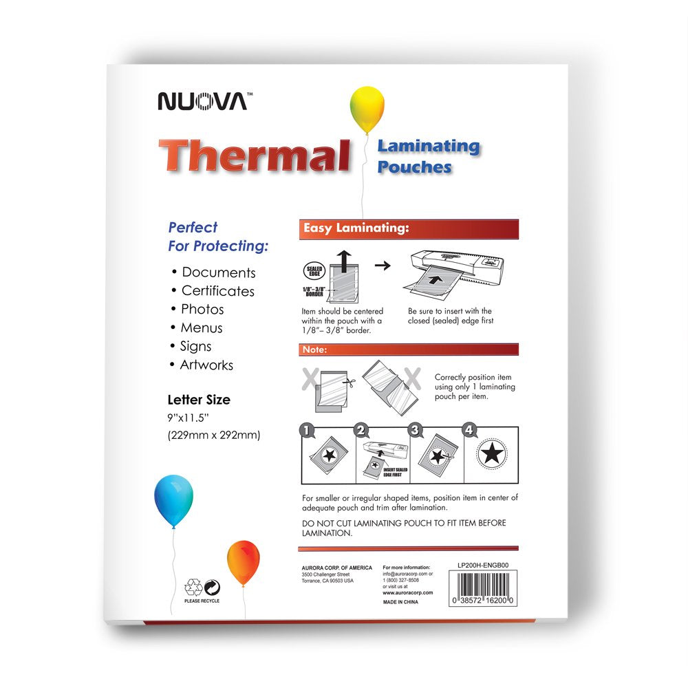 Nuova Premium Thermal Laminating Pouches, 9" x 11.5"/Letter Size/3 mil, 200 Pack (LP200H)