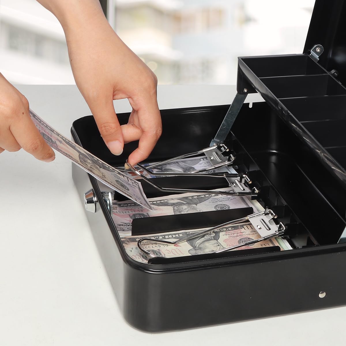 Jssmst Large Locking Cash Box with Money Tray, Lock Box with Security Cable Metal Money Box with Key Lock, Black, CB02304XL