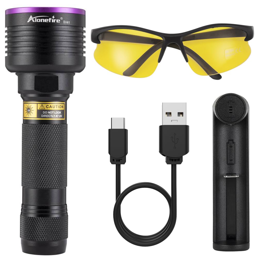 ALONEFIRE SV41 395nm UV Flashlight Light 10W USB Rechargeable Woods Lamp Black Light for Pet Urine Detection, Resin Curing, Scorpion, Fishing, Minerals with UV Protective Glasses, Charger, Battery