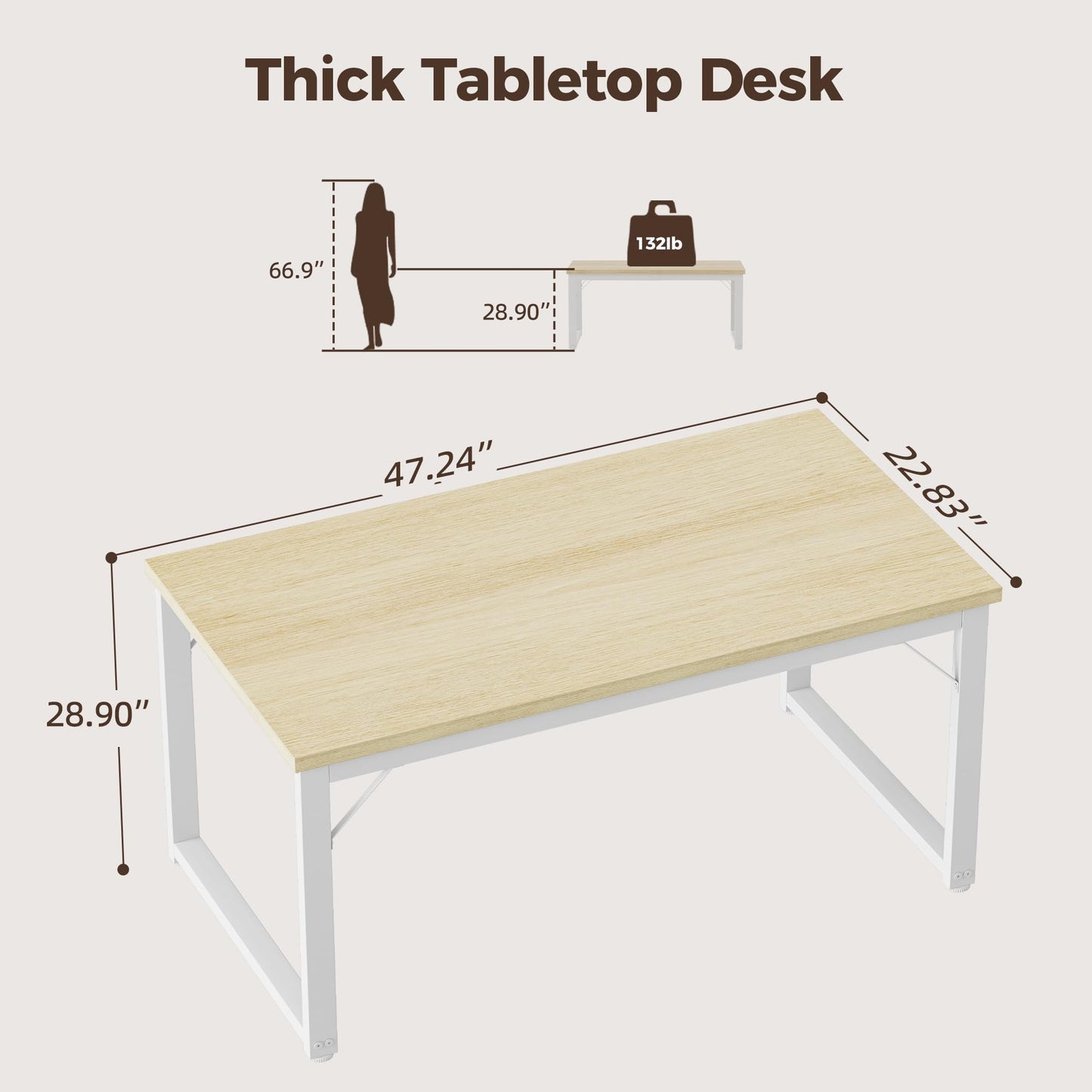 Mericonia 48 Inch Computer Desk, 1" Thick Heavy Duty Industrial Office Desk, Modern Simple Study Writing Table for Home Office Bedroom Workstation, Oak