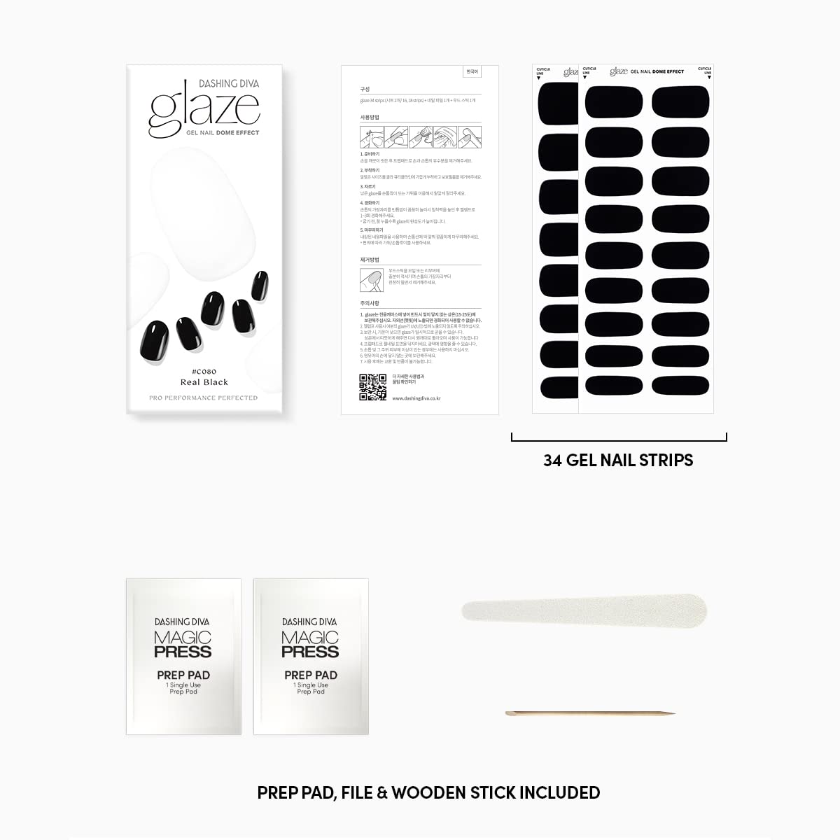 Dashing Diva Glaze Nail Strips - Real Black | Works with Any LED Nail Lamp | Long Lasting, Chip Resistant, Semicured Gel Nail Strips | Contains 34 Salon Quality Black Nail Wraps, 1 Prep Pad, 1 Nail File