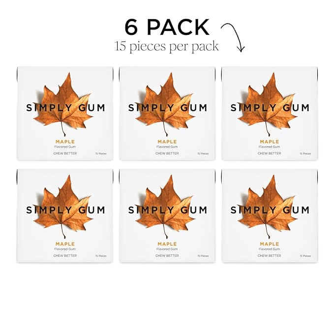 SIMPLY Gum Maple, Plastic-Free Natural Chewing Gum, 6 Pack (90 Pieces) | Vegan, Kosher, Non GMO, Aspartame Free and Sorbitol Free