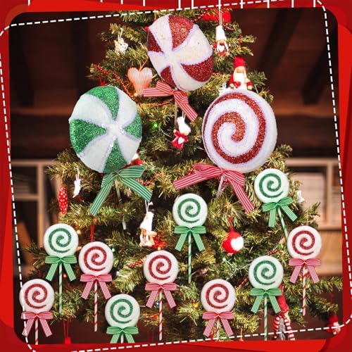 Wettarn 12 Pieces Christmas Candy Tree Picks with Ribbon Christmas Decorations 5.9" & 14.5" Glitter Lollipop Candy Canes Ornaments for Xmas Tree Topper Home Vase Party Ornaments(Red, Green)