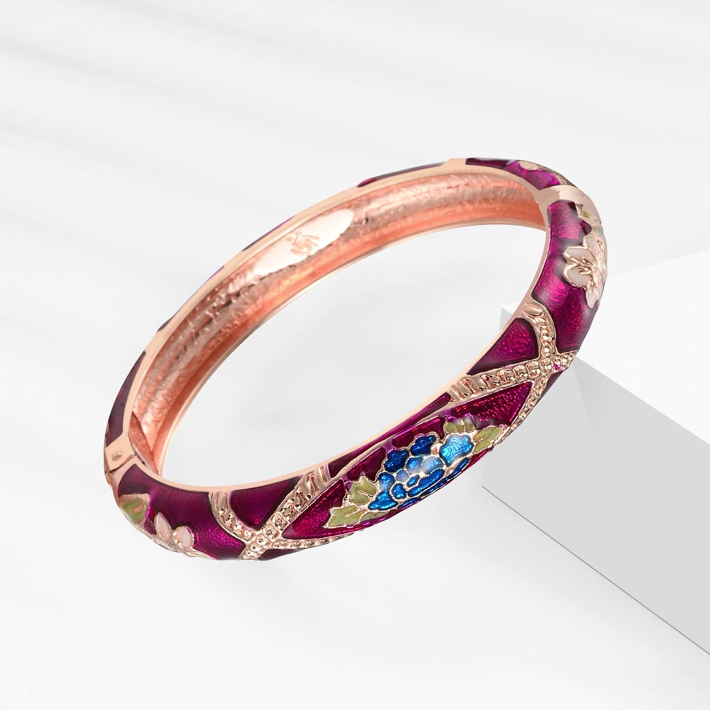 UJOY Gorgeous Bracelet Enameled Jewelry Spring Hinge Metal Cuff Cloisonne Rose Gold Bangles Set Gift Box Packed 55A113-55A128 Purple