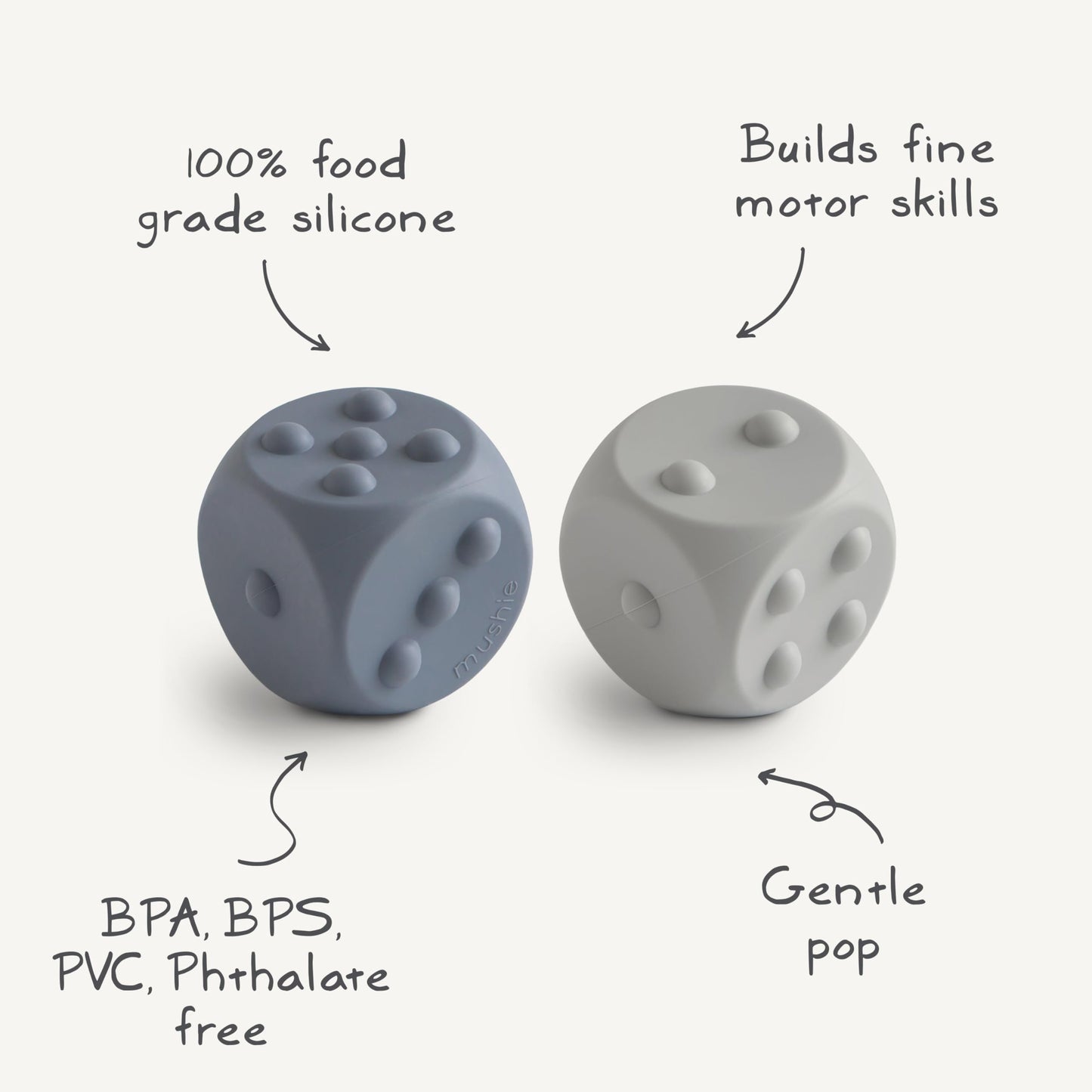 mushie Silicone Dice Press Toy | Baby Sensory Play for 10+ Months (Cambridge Blue/Shifting Sand)