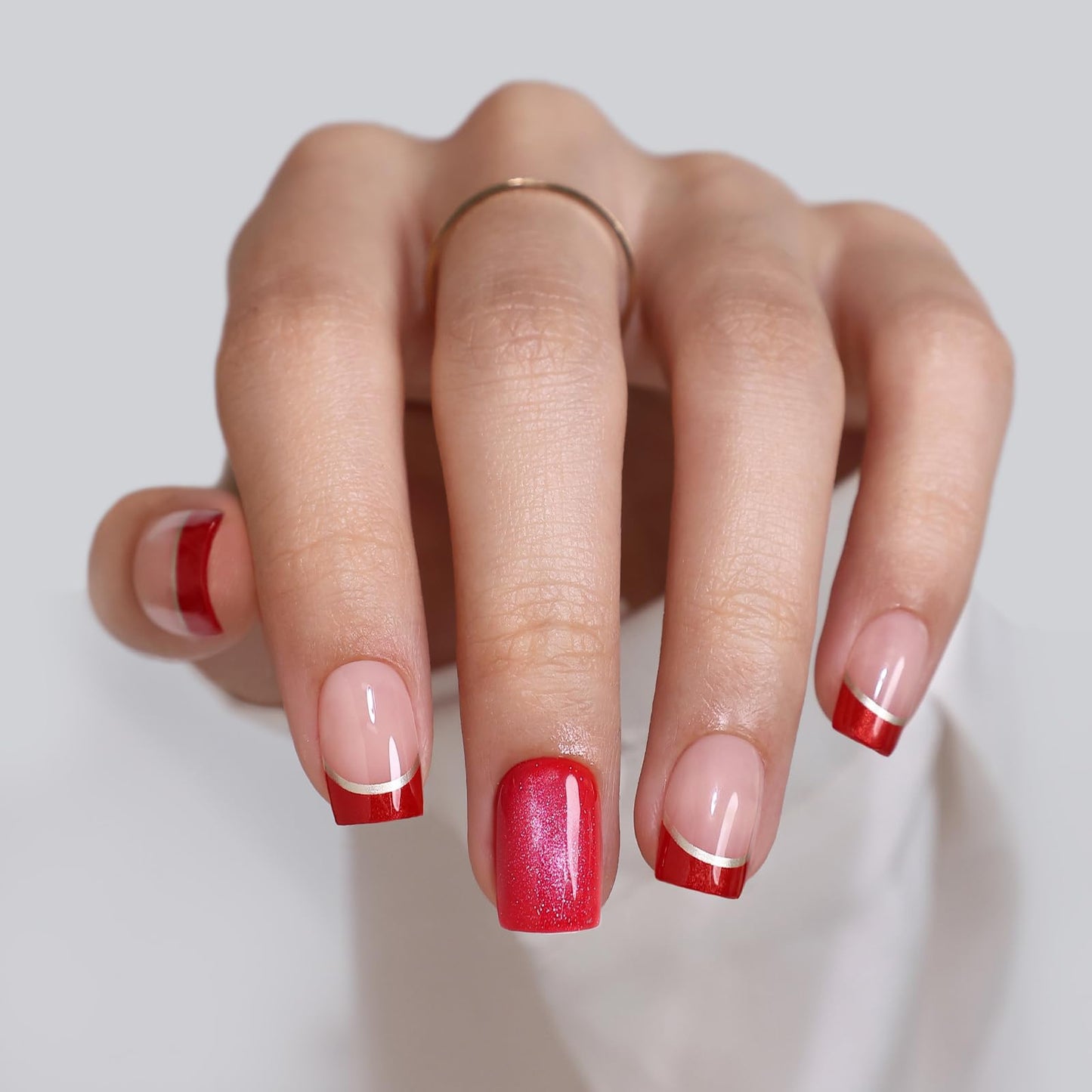 Red Glitter Press on Nails and French Tip Nails with Silver Line - SHANGMENG Soft Gel Short Square Nails for Women Gift, Glossy Glue on Nails in 16 Sizes - 32 Reusable Fake Nails Kit, Muse & Flame