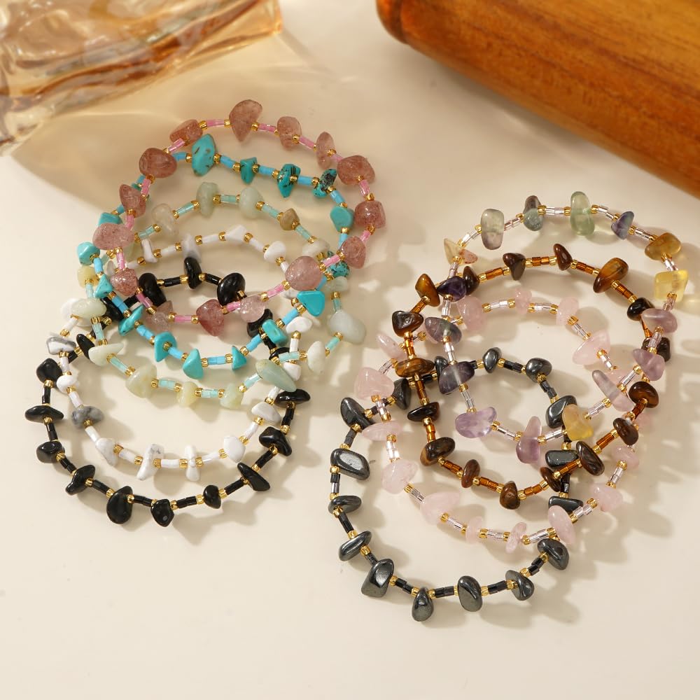 SHINUS BOHO Healing Natural Crystal Beaded Stretch Bracelet for Women,Handmade Boho Irregular Fluorite Energy Stones Cleansing Calming Bracelet Strength Summer Beach Fashion Jewelry Gift Friendship