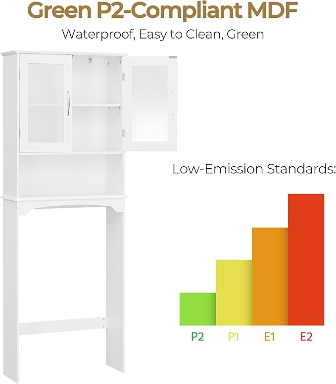 Yaheetech Over The Toilet Storage Cabinet with Double Tempered Glass Doors and Adjustable Shelf, Freestanding Bathroom Storage Rack, 66 Inches Height