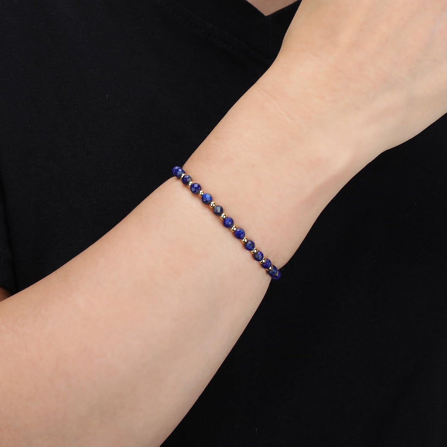 QOGIR Lapis - Stone of Spiritual Insight - 14K Gold Plated Beads Natural Gemstone Stretch Elastic Dainty Healing Beaded Bracelets Gifts 4mm