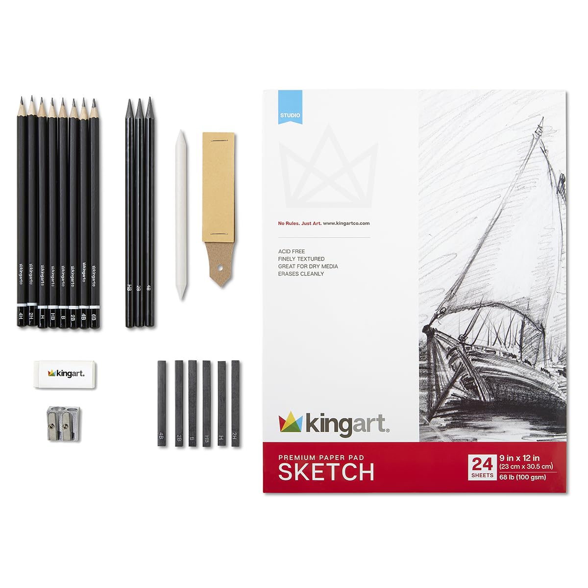 KINGART 22-Piece Professional Sketching Kit with 9x12 Drawing Pad – Includes 12 Graphite Pencils, 6 Soft Pastels, Blending Stump, Kneaded Eraser, and Sharpener – Versatile Artist Set for Shading