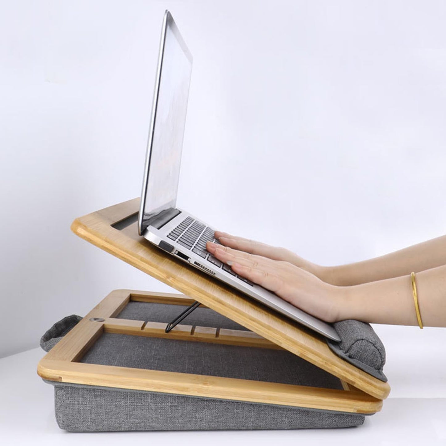 SANJIMO Adjustable Lap Desk for Laptop with Cushion, Bamboo Laptop Stand with Anti-Slip Strip Tablet Phone Holder, Fits up to 15.6 inch or 14 inch with Mouse Space