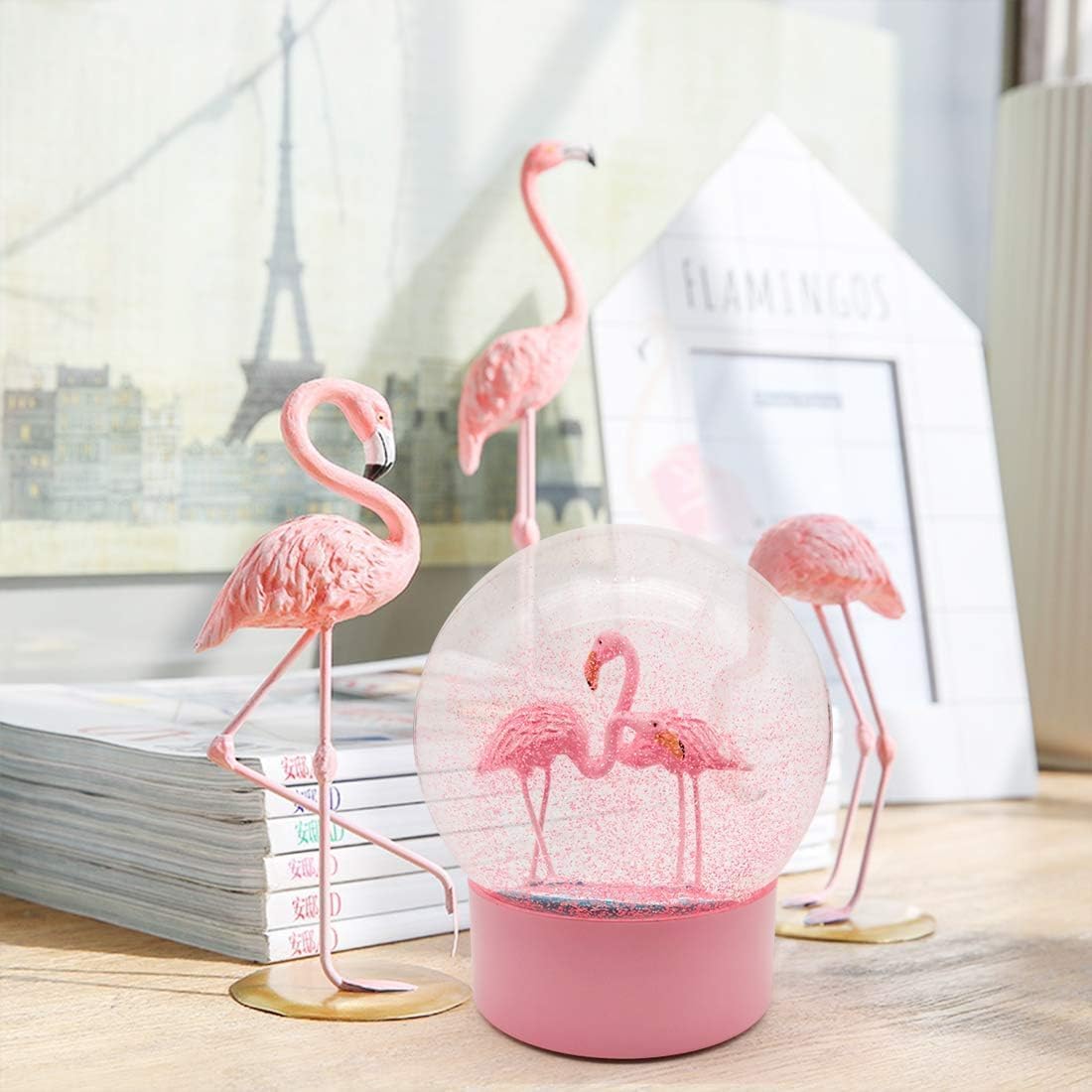 Pink Flamingo Snow Globes for Girls, 100MM Christmas Snow Globe for Kids, Glass Glitter Snowglobes for Adults Women Home Office Table Decor Birthday Valentine Gift