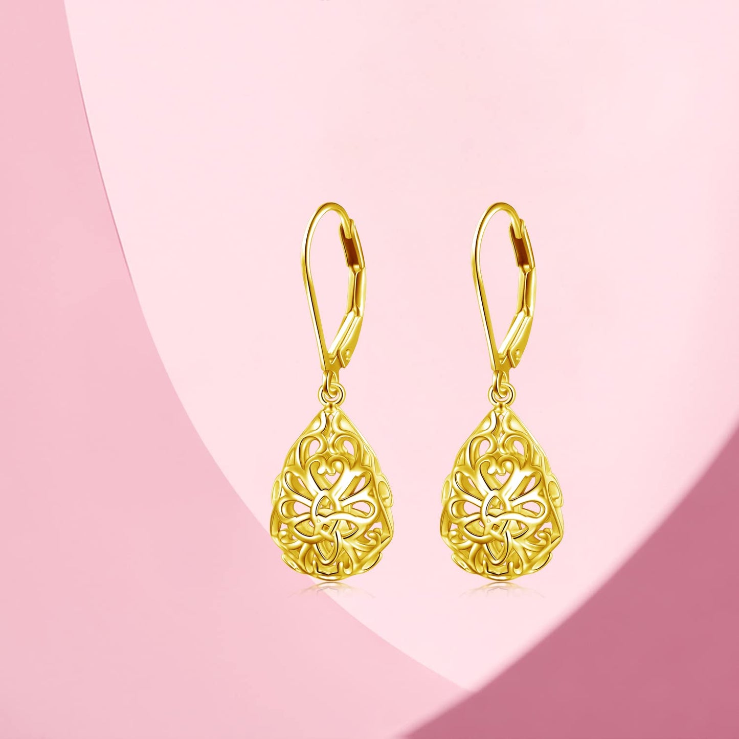 SHAOAN 925 Sterling Silver Filigree Dangle Drop Earrings Gold Plated Celtic Knot Leverback Teardrop Earrings for Women Mother’s Day