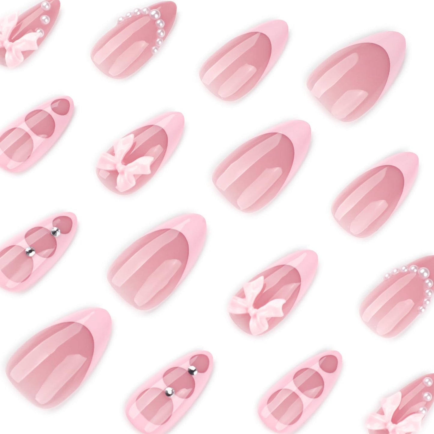 Octoswave Medium Press on Nails Almond Fake Nails Bow Artificial Nail Pearl Charm Stick on Nail for Women 24pcs