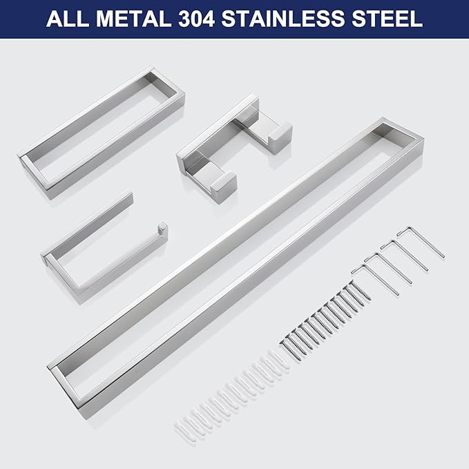 Lairuier Bath Towel Bar Set, Polished Chrome 4-Piece Bathroom Hardware Set Including Towel Bar, Towel Holder, Toilet Paper Holder, Towel Hook. Stainless Steel Bathroom Hardware Accessory