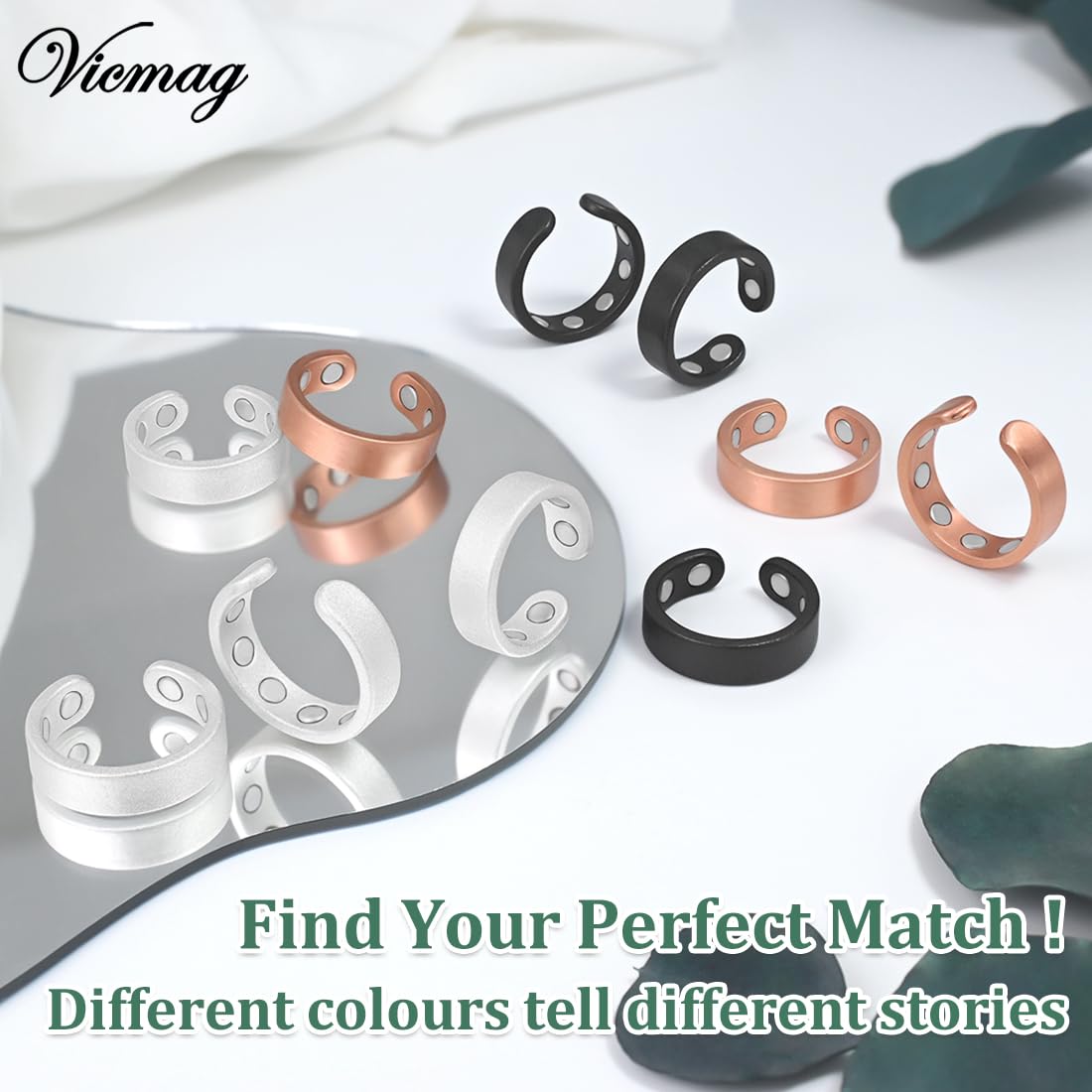 Vicmag 2PCS Magnetic Copper Rings for Women & Men,99.99% Pure Copper Ring with 9X Magnets Gift Adjustable(9X Copper & Silver)