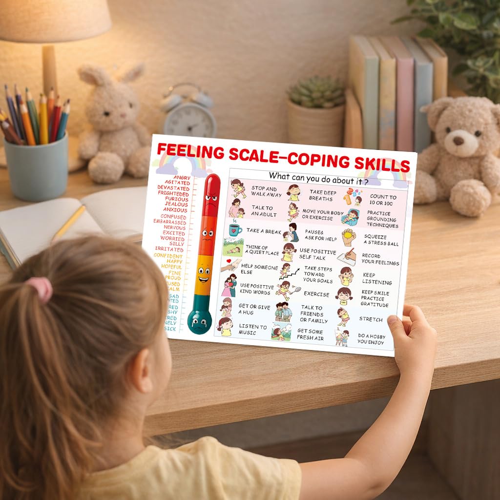 Askyorte Feelings Chart for Kids, Emotional Regulation Poster with Coping Skills, Calm Down Corner Supplies for Classroom, Home, Mental Health & Behavior Management Tools