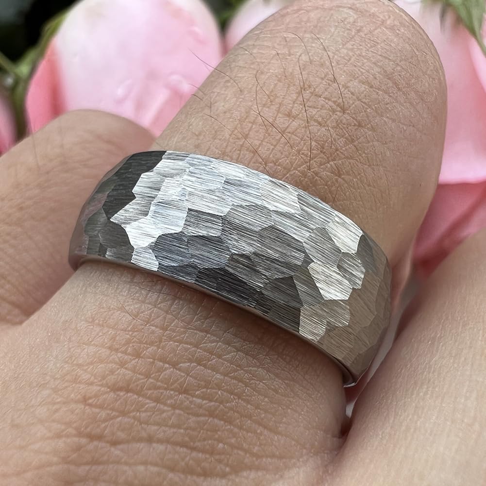 TUTISS 8mm Hammered Tungsten Rings for Men Women Fashion Engagement Wedding Bands Domed Matte Finish Comfort Fit Size 9