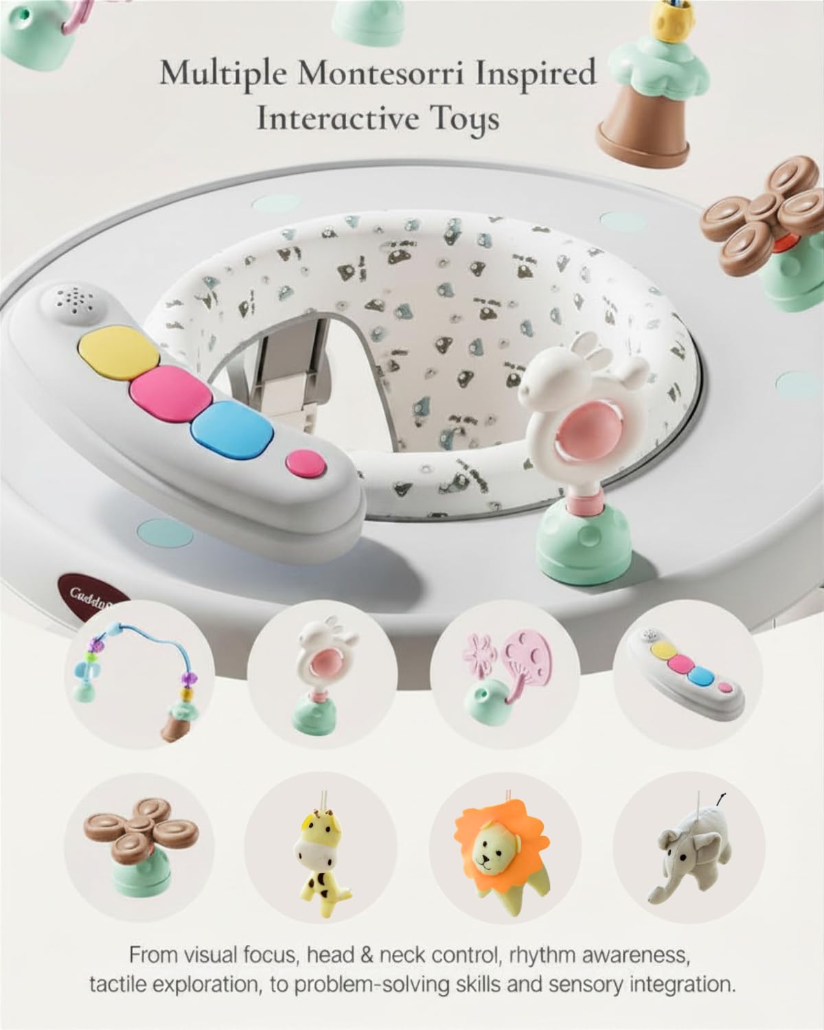 CuddoBaby Baby Jumper 4-Stage Convertible| Montessori -Inspired 8 Interactive Toys| Tummy Time Playmat, Bouncer, Exersaucer, Toddler Table| Music & Lights | 3-6, 6-12, 12-18, 12-24 Months - Gray