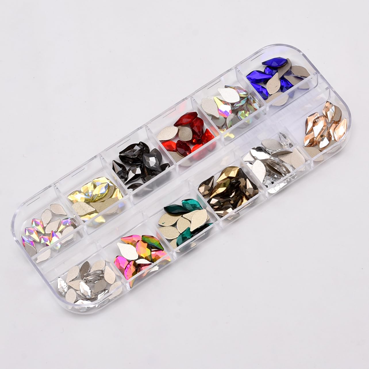 140pcs 10 Colros 2 Sizes Flat Back Flame Shape Nail Crystal Rhinestones Decoration Jewel Charms Box Set Nail Salon Materials Supplies