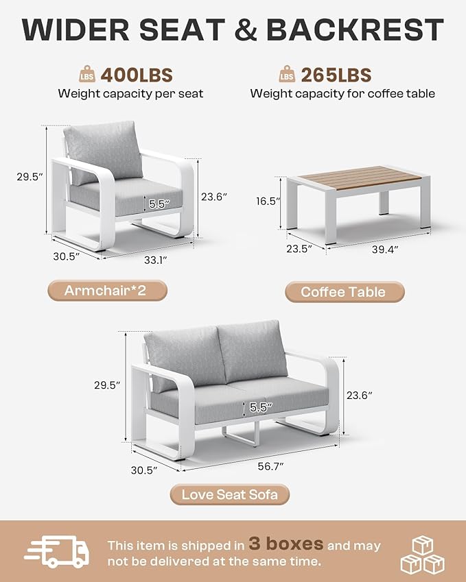 Aluminum Outdoor Patio Furniture Set 4 Piece, Oversized Patio Conversation Sets Widened Armrest & Ultra-Thick Cushions, Deep Seating Modern Sectional Furniture for Backyard, Deck, White