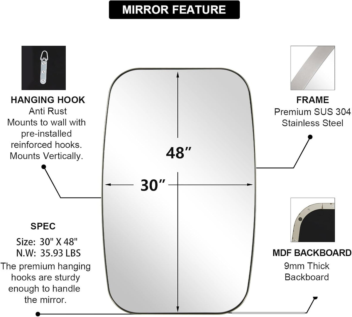 ANDY STAR Brushed Nickel Mirror, 30x48’’ Brushed Nickel Bathroom Oval Mirror with Stainless Steel Metal Frame, Silver Oblong Mirrors Wall Mounted for Bedroom, Living Room Decor