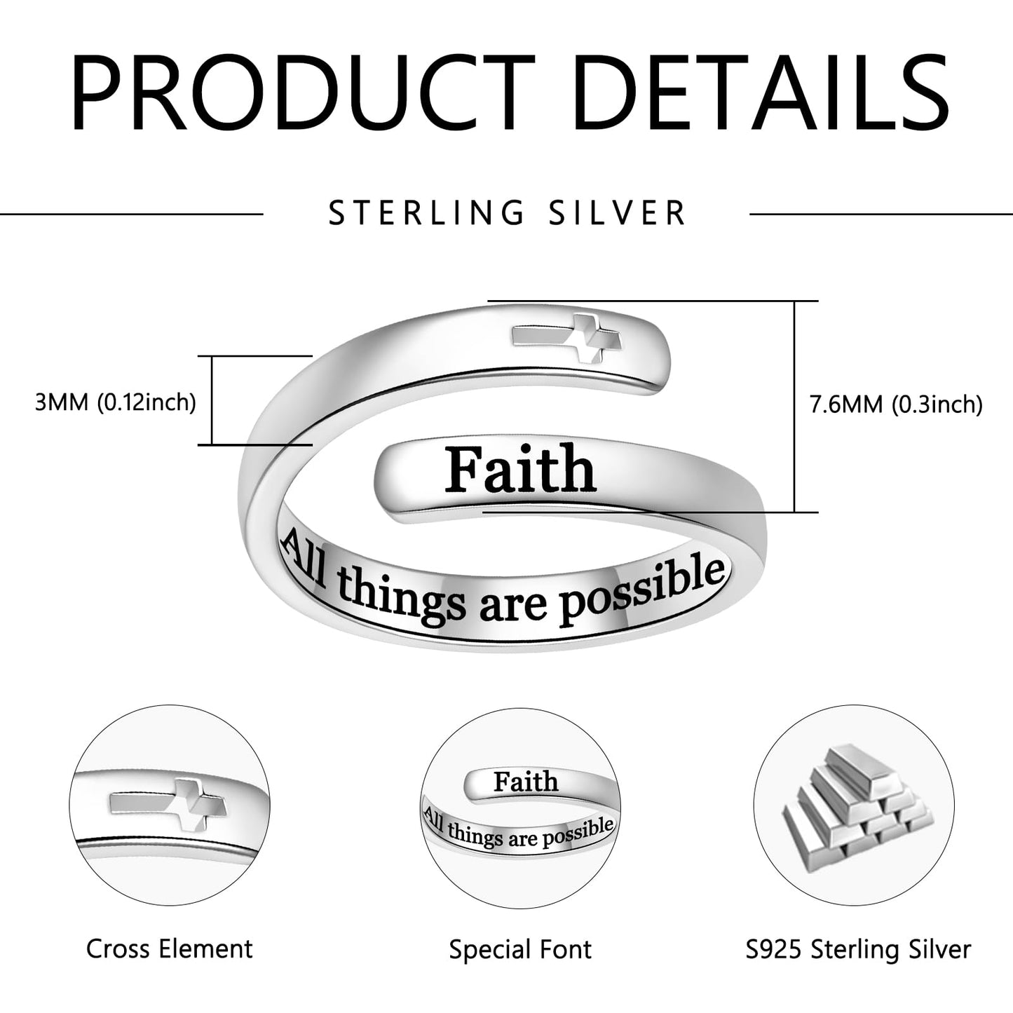 925 Sterling Silver Inspirational Jewelry Adjustable Wrap Open Ring Encouragement Gift for Women(Faith All things are possible)