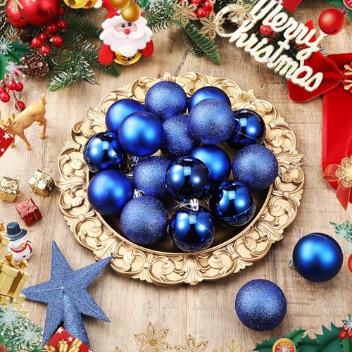 RoundFunny 25 Pcs Mini Christmas Balls Ornaments Set 2.36 Inch Christmas Day Ball Topper Star Tree Hanging Ornaments for Party Decoration(Blue)