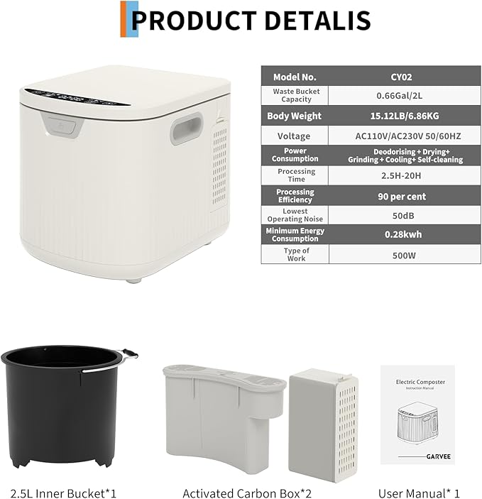 2.5 L Electric Composter Countertop, 3 Modes Kitchen Smart Compost Bin with Auto Cleaning, LED Display, Turns Kitchen Waste into Dry Manure, Low Noise Food Waste Compost Machine