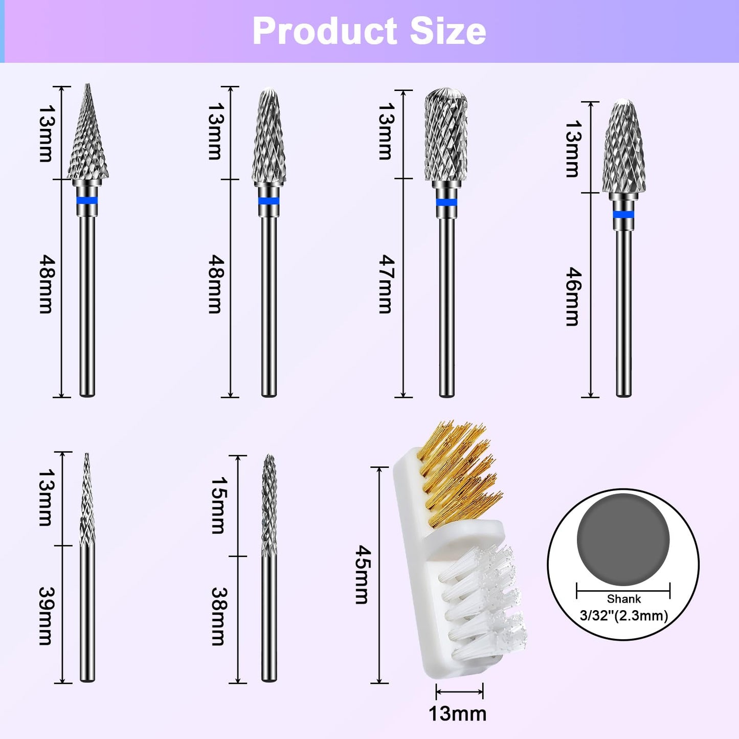CGBE Nail Drill Bits, 6 Piece Nail Drill Bit Grinding Heads Carbide Machine Accessories for Manicure Remove Acrylic or Hard Gel Polygel, 3/32 Inch Professional Bits for Nail Cutter - Medium