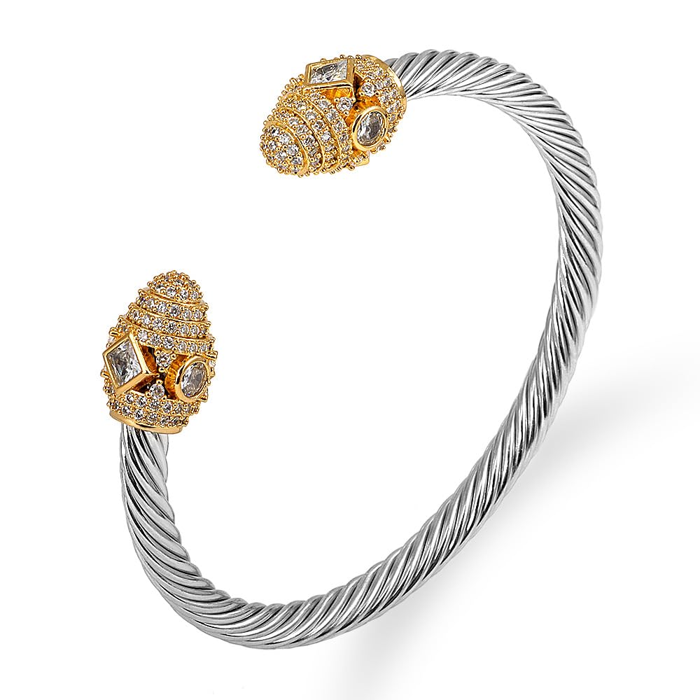 WCB1FPu Stainless Steel Cable Wire Open Cuff Adjustable Size Bangle Zircon inlaid Bracelet (4)