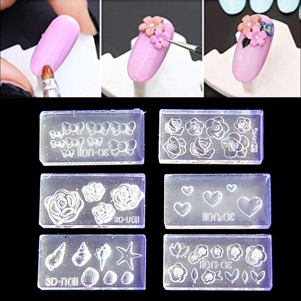 KANGneei Nail Acrylic Molds Kit, 6 Pieces 3D Stereo Mini Flower Carving Mold Nail Art Mould Template Silicone Mold