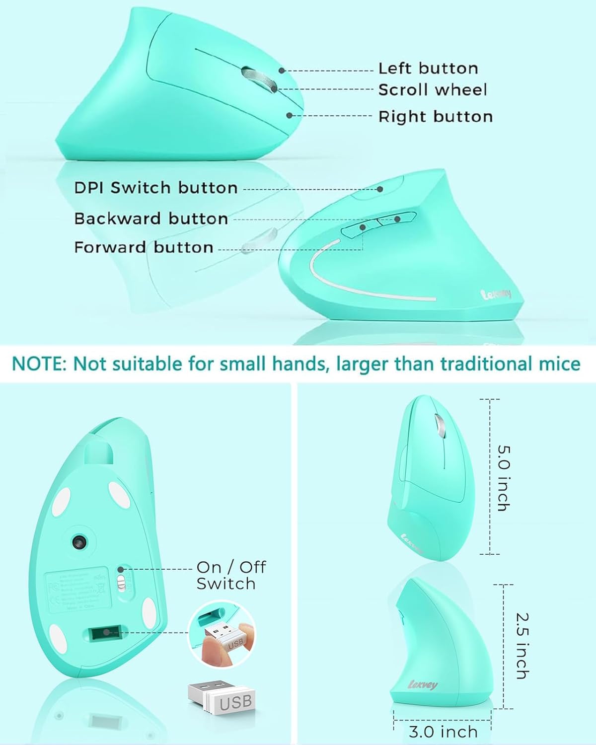 Lekvey Ergonomic Mouse, Vertical Wireless Mouse Rechargeable 2.4 GHz Optical Carpal Tunnel Mouse : 800/1200 / 1600 DPI, 6 Buttons, for Laptop, PC, Computer, Desktop, Notebook etc, Green