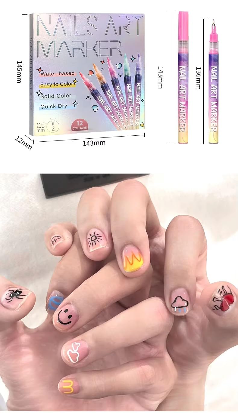 12 Waterproof Nail Art Pen set. Fast-Drying Non-Toxic 0.5mm Needle Tip Nail Polish Pens. Nail Paint Graffiti Dotting Pen for DIY Nail design