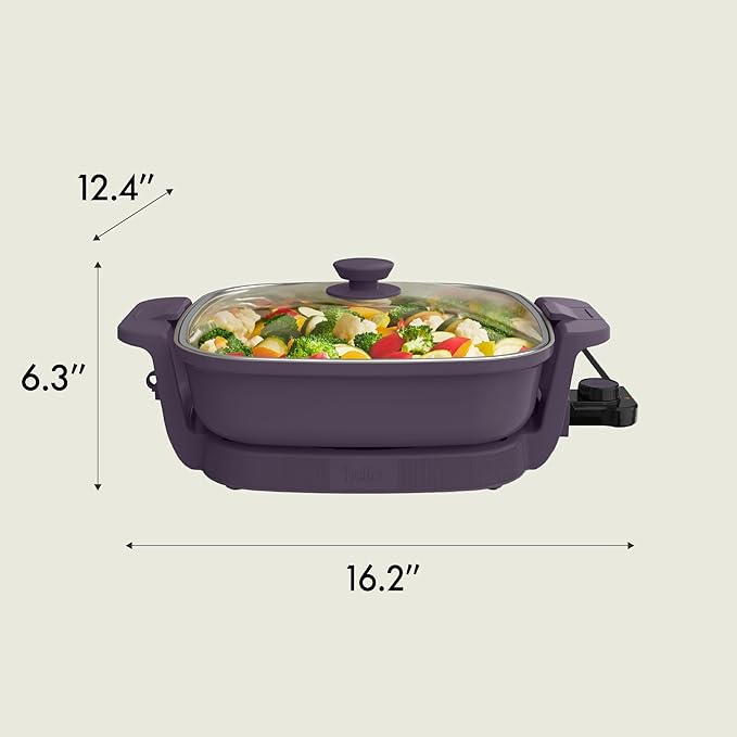bella Make & Take Electric Skillet, Fits-anywhere™ kitchenware, EverGood™ Ceramic Coating, Adjustable Temperature & Dishwasher-Safe Tempered Glass Lid, Cast Aluminum Base, 1200 Watt, Plum