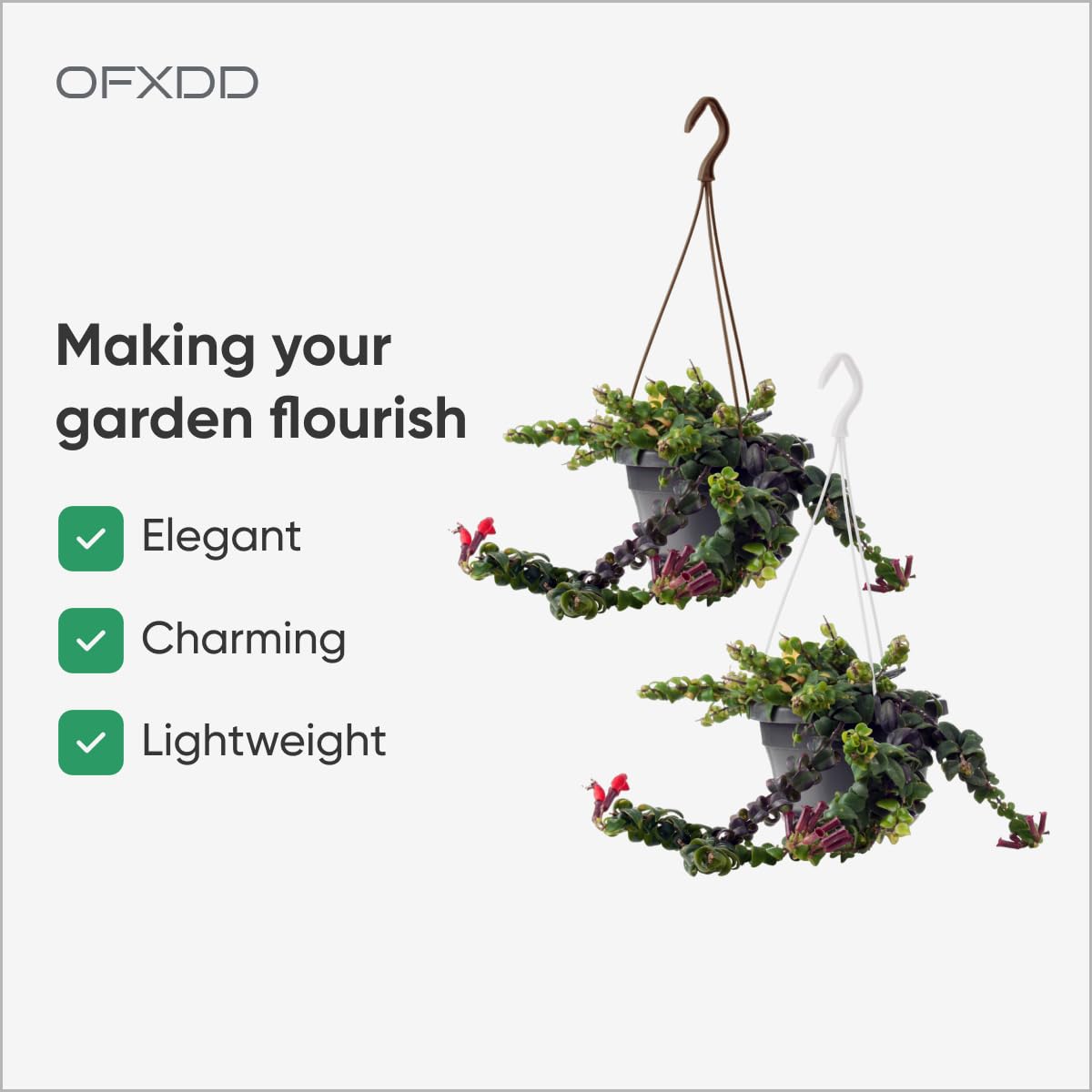 OFXDD Plant Hanger - Plastic Hanging Planters for Indoor & Outdoor Plants - Flower Plant Holder with Hooks, White (3 Pcs) and Brown (3 Pcs)