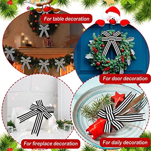 12 Pieces Christmas Black White Stripe Tree Topper Bows Christmas Burlap Bows Halloween Wreath Bow Craft for Tree Gift Wrapping Wall Home Front Door Decor