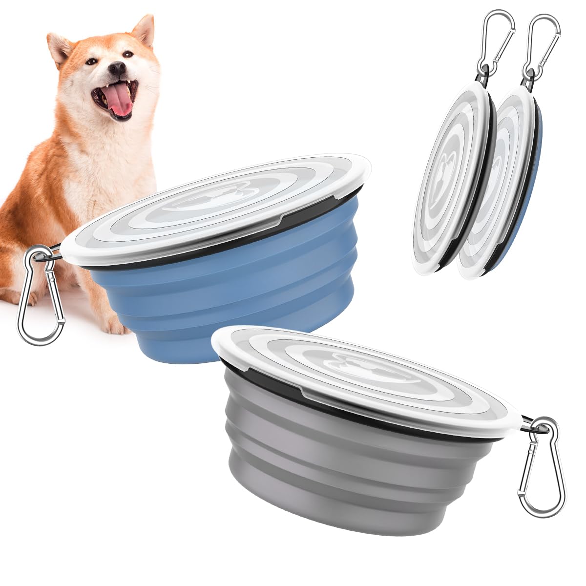 Pawaboo Collapsible Travel Dog Bowls 2 Pack with Lids&Carabiners Silicone