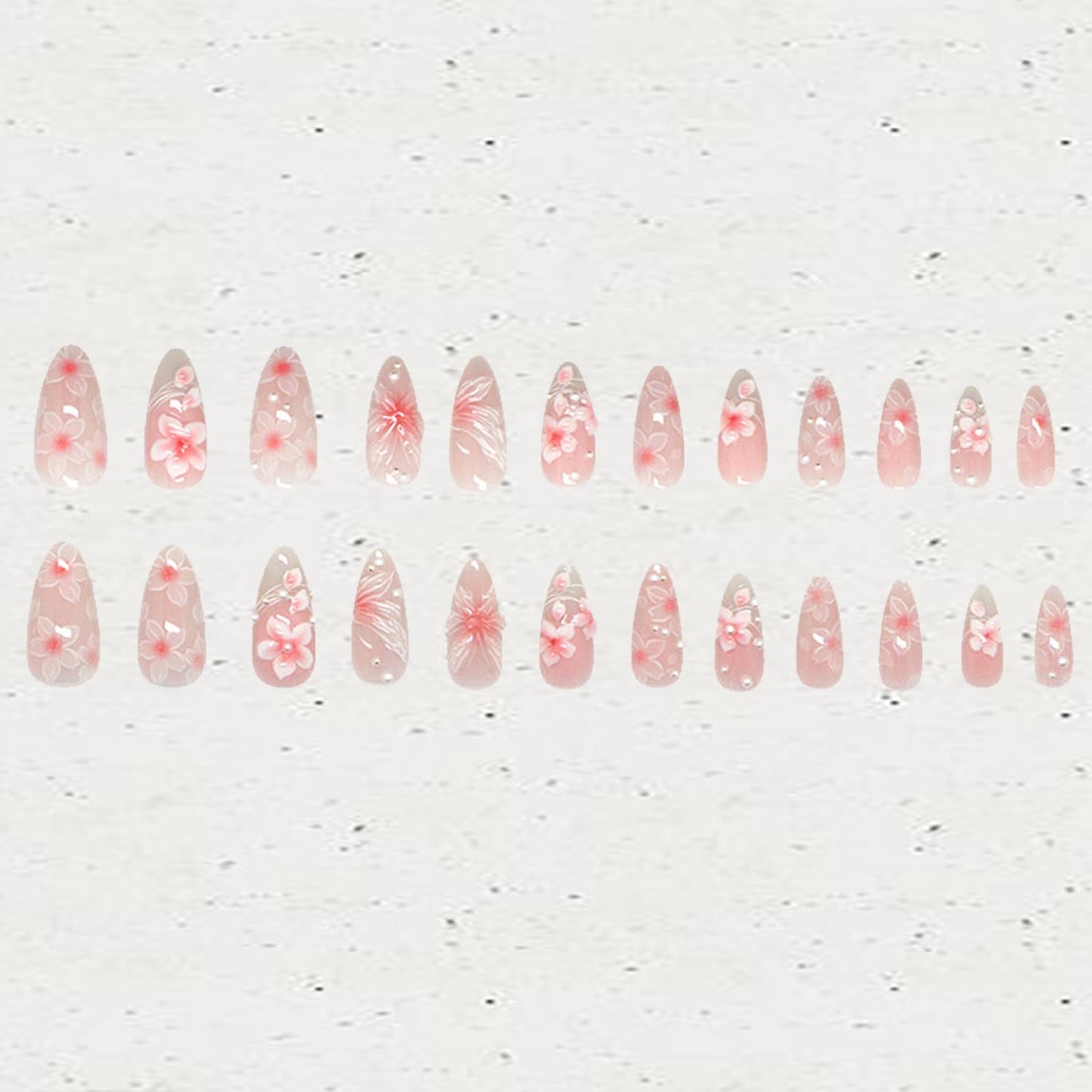 CJDLTS Pink Flower Press on Nails Medium Almond Shaped Artificial Acrylic Nails Gradient 3D Floral with Pearl Design Stick on Nails Full Cover Reusable Coffin Artificial Fingernails for Women Manicure