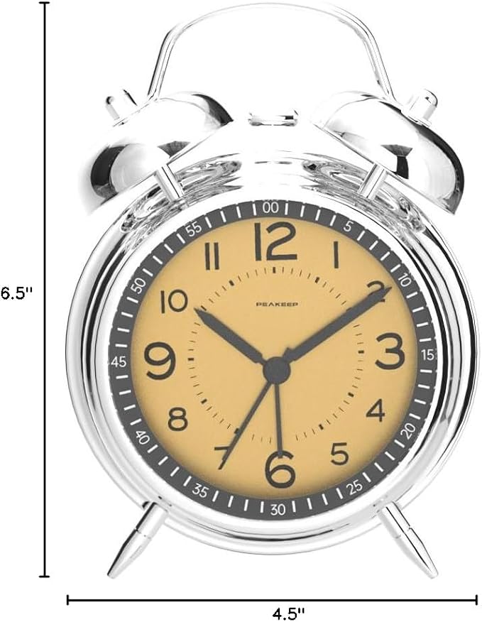 Peakeep Loud Alarm Clock for Heavy Sleepers Adults, Metal 4.5 Inches | Twin Bell Battery Operated Analog Alarm Clocks for Bedrooms Kids' Room Decoration (Golden)