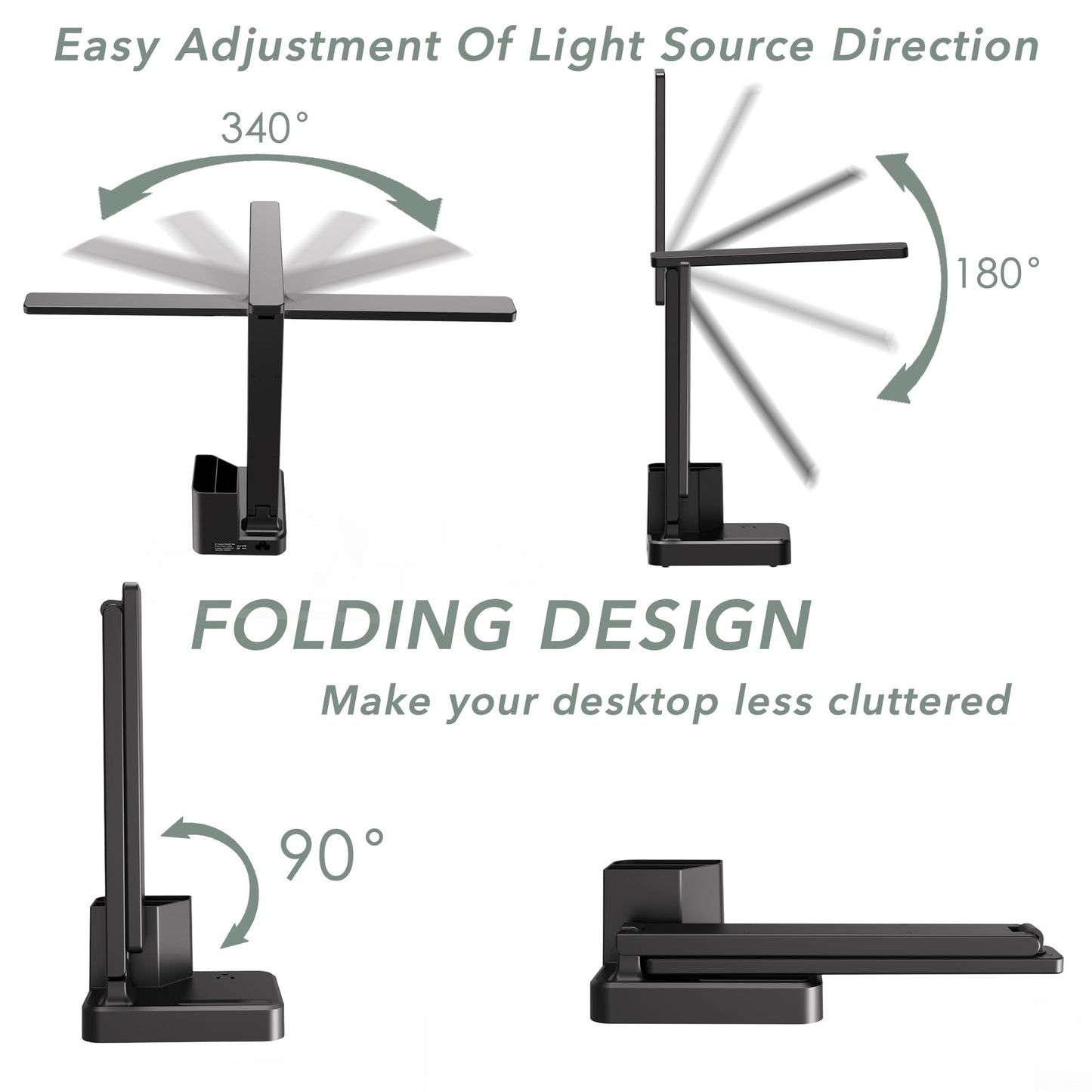 LED Desk Lamp with 3 USB Charging Ports 1 AC Outlet Small Table Lamp for Home Office/Bedroom/Study/College/Dorm Room Essentials, Foldable Reading Light w/Pen Holders for Craft/Artist/Puzzle/Nail/Task