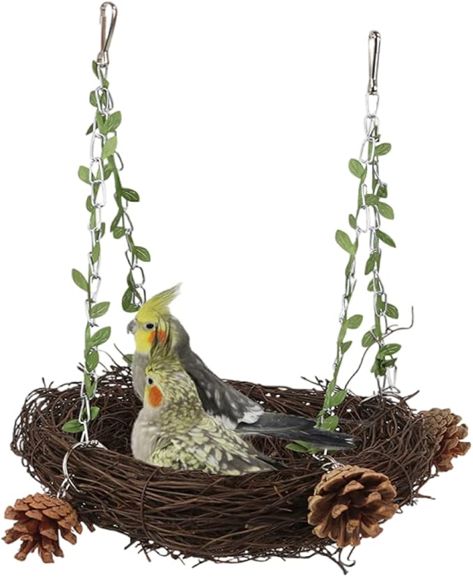 Barn Eleven Natural Rattan Nest Small Medium Large Bird Swing for Parrot Parakeet Cockatiel Conure Cockatoo Macaw African Grey Lovebird Finch Canary Budgie Cage Perch Toy (Small)
