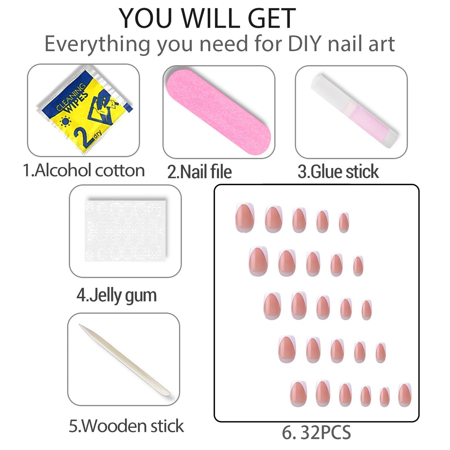 WAFOLOZE White French Tip Press On Nails - Short Square Press On Nails Fake Nails with Nail Glue, Artificial Nails 16 Sizes - 32Pcs Reusable Soft Gel False Nails Tips Kit,Stick On Nails for Women