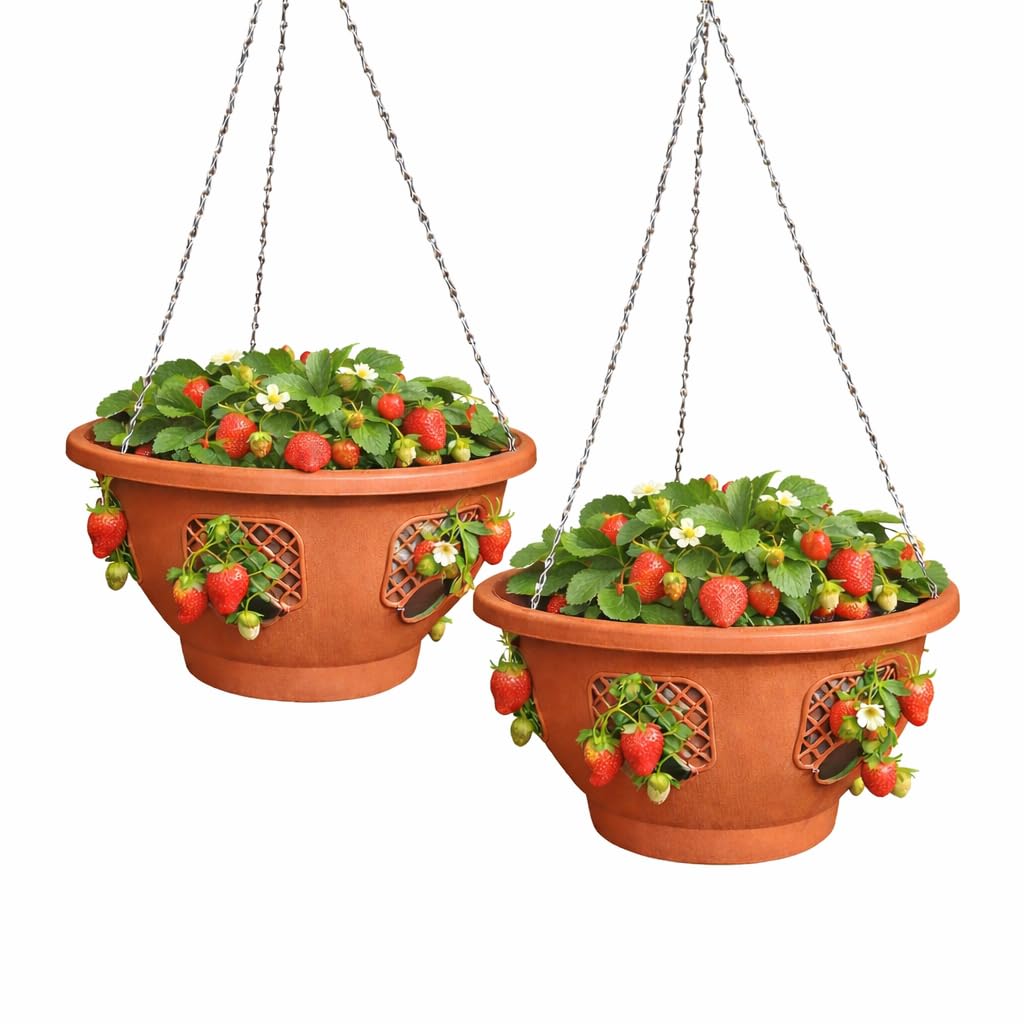 smart spring Ultimate Hanging Baskets - Strawberry, Tomato, Flower, and Herb Outdoor Planters - Use Garden Pots for Growing Plants Outside On A Deck, Fence, or Balcony (2, Terracotta)