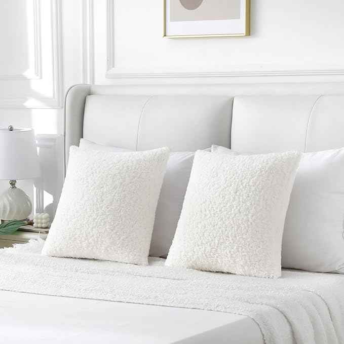 FUTEI Cream White Throw Pillow Covers 22x22 Inch Set of 2,Furry Faux Fur Teddy Boucle Textured Cushion Covers,Soft Fluffy Decorative Pillow Case,Home Decor for Couch Bed Living Room Office Car