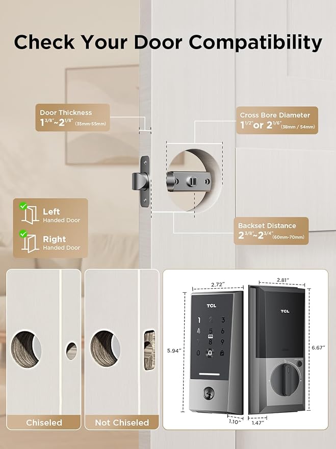TCL Smart Lock D2 - Keyless Entry Door Lock, Built-in Wi-Fi, Touchscreen Keypad, App Remote Control, Easy Installation, No Bridge Required (Brushed Nickel)