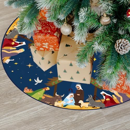Navy Blue Nativity Scene Christmas Tree Skirt 48 inch Religious Jesus Nativity Scene Xmas Tree Collar Christian Christmas Tree Mat Holiday Jesus Indoor Outdoor Party Decor