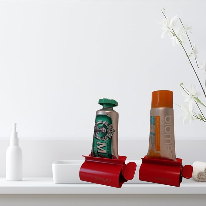 XYKEEY Toothpaste Tube Squeezer - Set of 2 Toothpaste Squeezer Rollers, Metal Toothpaste Tube Wringer Seat Holder Stand (Red)